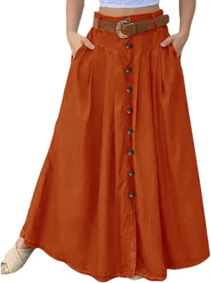 Women's Midi Skirts High Waist Solid Color Wrap Summer Pleated Waisted Casual Button Front Skirts, S-5XL