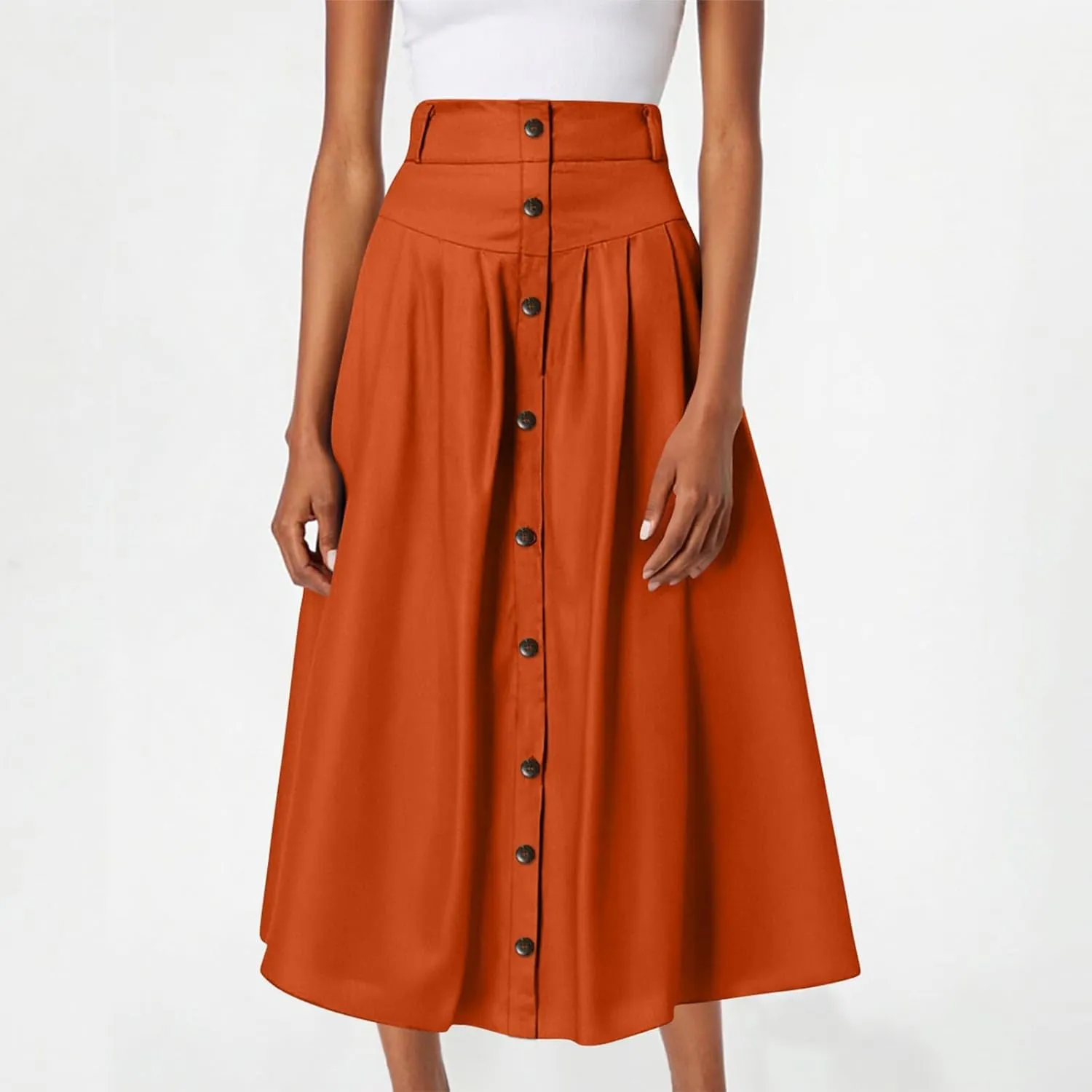 Women's Midi Skirts High Waist Solid Color Wrap Summer Pleated Waisted Casual Button Front Skirts, S-5XL