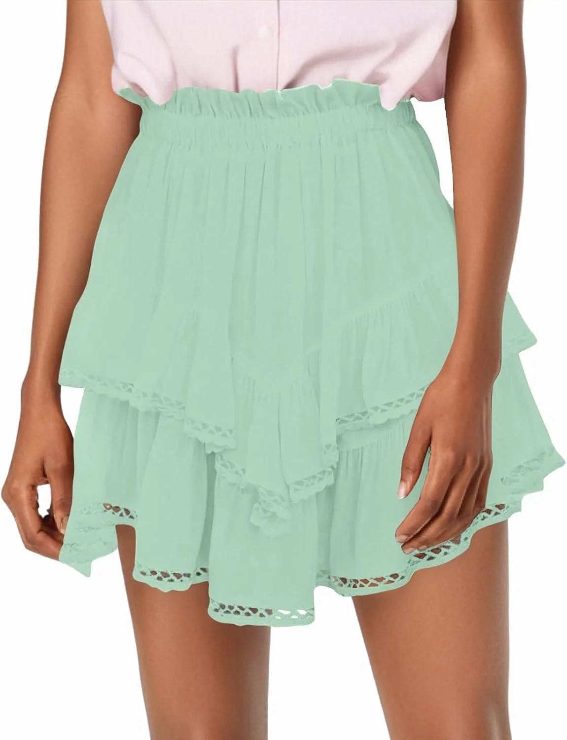 Womens Mini Skirts Double Layer Ruffle Fashion Solid Color Lace Hem Elastic Waist Skirts Swing Cute Beach Skorts