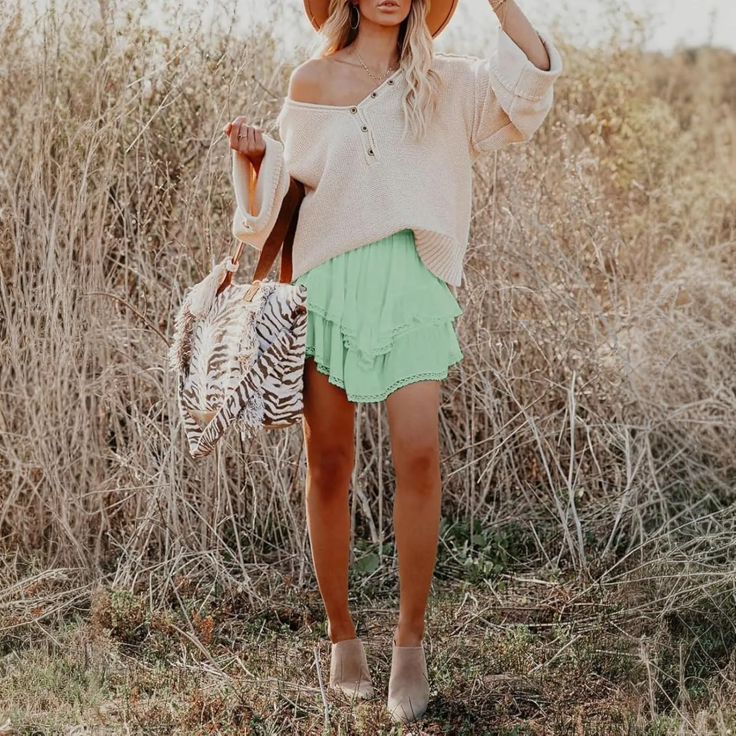 Womens Mini Skirts Double Layer Ruffle Fashion Solid Color Lace Hem Elastic Waist Skirts Swing Cute Beach Skorts