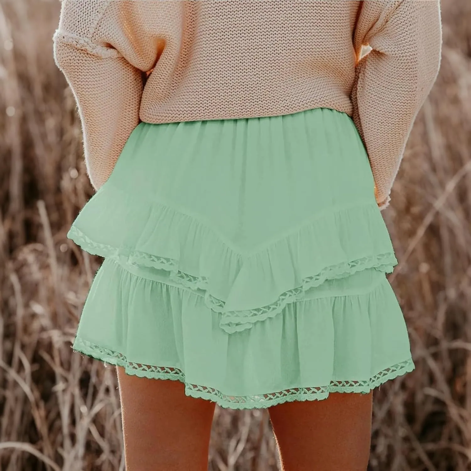 Womens Mini Skirts Double Layer Ruffle Fashion Solid Color Lace Hem Elastic Waist Skirts Swing Cute Beach Skorts