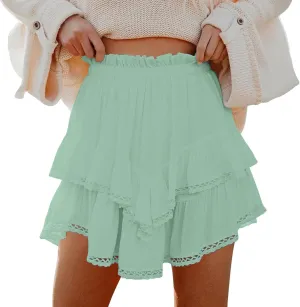 Womens Mini Skirts Double Layer Ruffle Fashion Solid Color Lace Hem Elastic Waist Skirts Swing Cute Beach Skorts