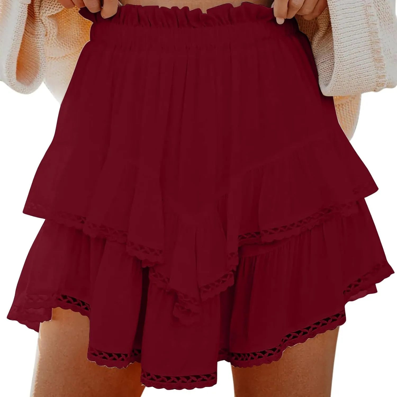 Womens Mini Skirts Ruffle Tiered Skirt Short Summer Skirt Casual Boho Skirt High Waisted A Line Skirt Crochet Shirts