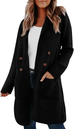 Women's Notched Lapel Wool Coat Double Breasted Pea Coats Winter Wool Blend Blazer Jacket Work Business Trench Coats