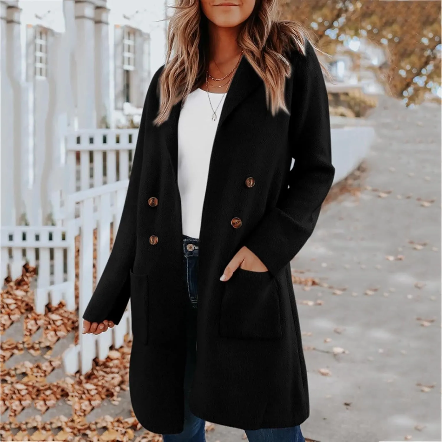 Women's Notched Lapel Wool Coat Double Breasted Pea Coats Winter Wool Blend Blazer Jacket Work Business Trench Coats