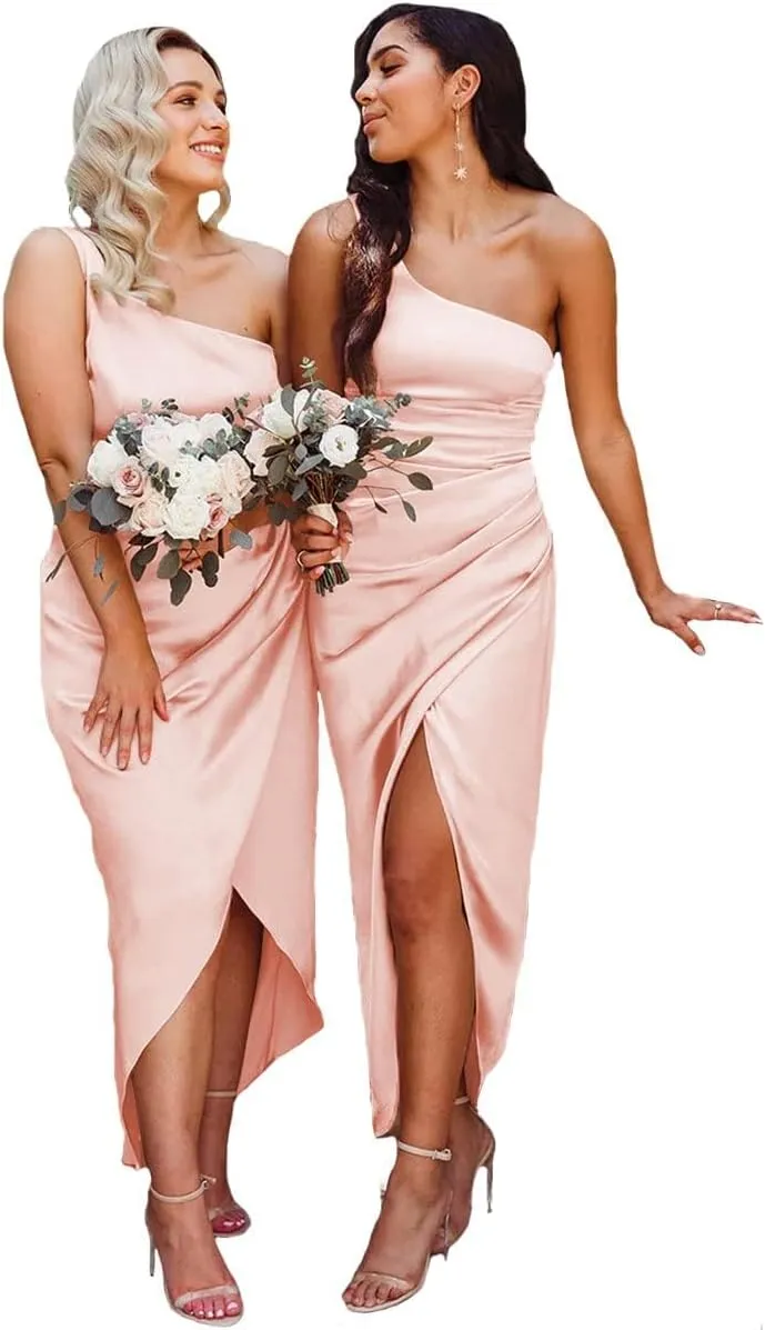 Women's One Shoulder Bridesmaid Dresses for Wedding Satin Wrap Dress Formal Evening Party Gown ZN016