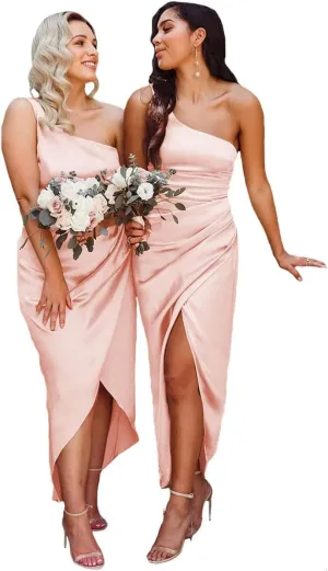 Women's One Shoulder Bridesmaid Dresses for Wedding Satin Wrap Dress Formal Evening Party Gown ZN016