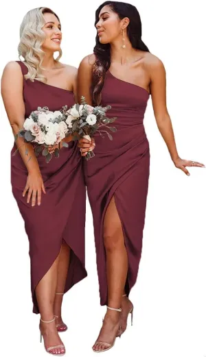 Women's One Shoulder Bridesmaid Dresses for Wedding Satin Wrap Dress Formal Evening Party Gown ZN016