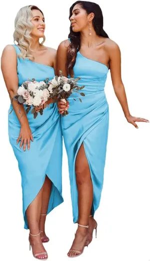 Women's One Shoulder Bridesmaid Dresses for Wedding Satin Wrap Dress Formal Evening Party Gown ZN016