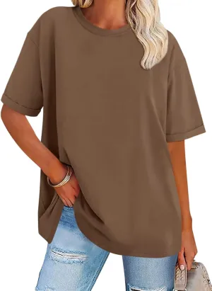 Womens Oversized T Shirts Loose Fit Crewneck Short Sleeve Tops Folded Sleeve Basic Tee 2025 Spring Summer Tops
