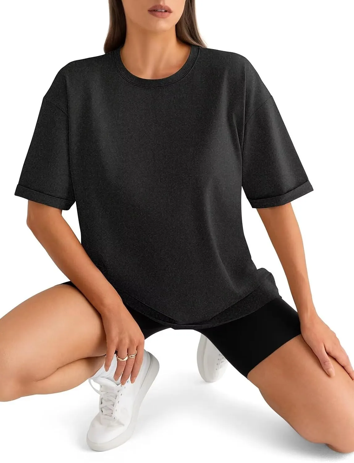 Womens Oversized T Shirts Loose Fit Crewneck Short Sleeve Tops Folded Sleeve Basic Tee 2025 Spring Summer Tops
