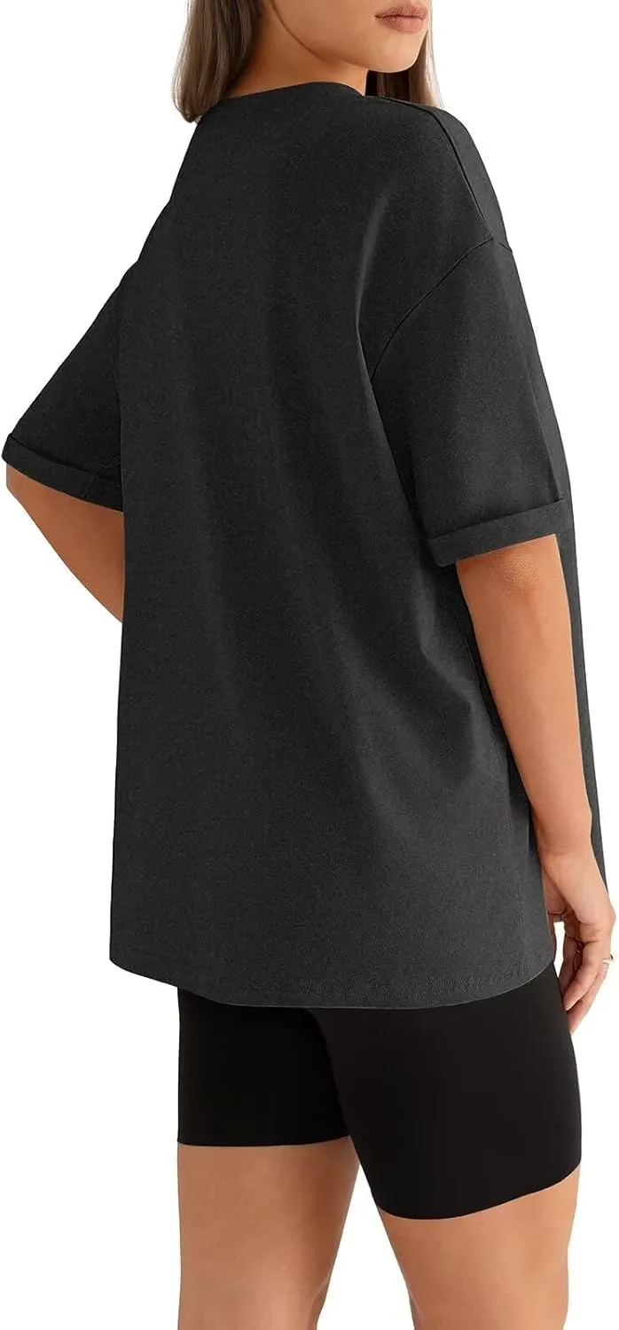 Womens Oversized T Shirts Loose Fit Crewneck Short Sleeve Tops Folded Sleeve Basic Tee 2025 Spring Summer Tops