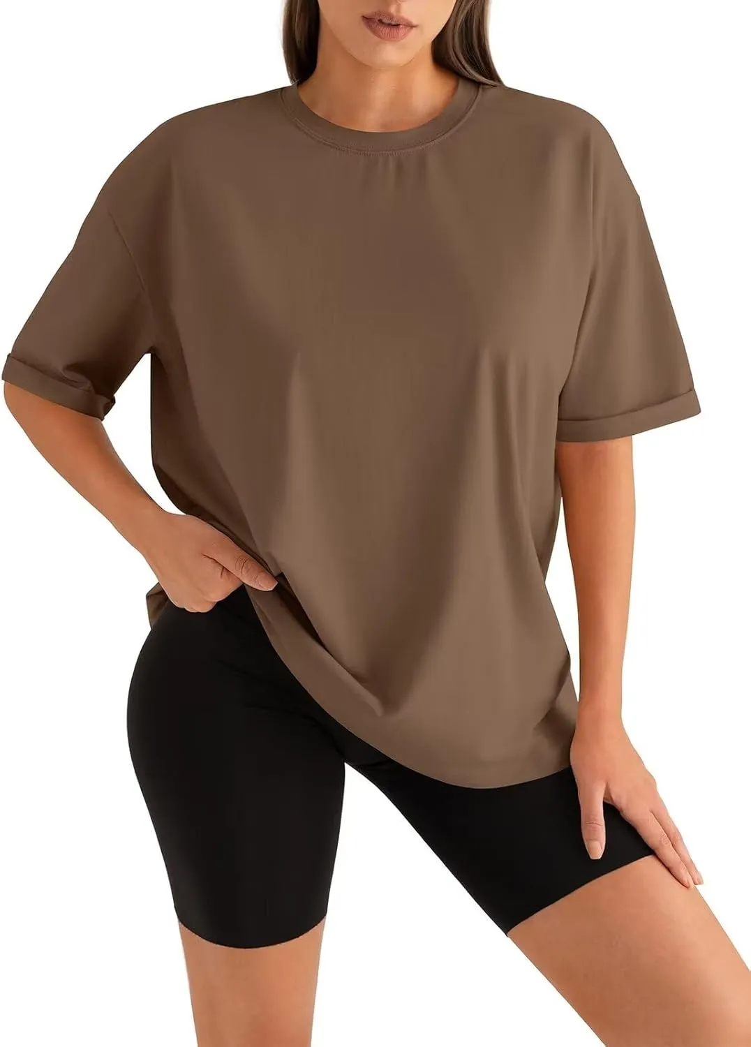 Womens Oversized T Shirts Loose Fit Crewneck Short Sleeve Tops Folded Sleeve Basic Tee 2025 Spring Summer Tops