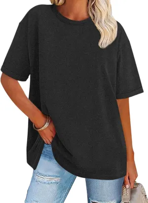 Womens Oversized T Shirts Loose Fit Crewneck Short Sleeve Tops Folded Sleeve Basic Tee 2025 Spring Summer Tops