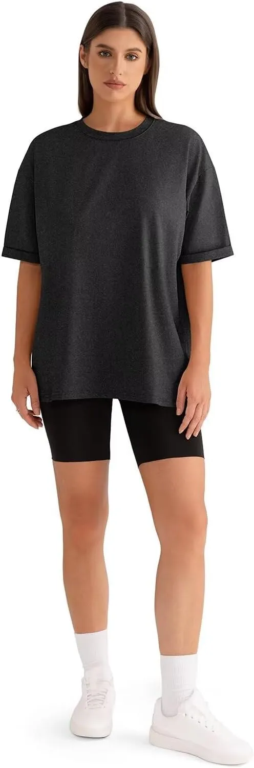 Womens Oversized T Shirts Loose Fit Crewneck Short Sleeve Tops Folded Sleeve Basic Tee 2025 Spring Summer Tops