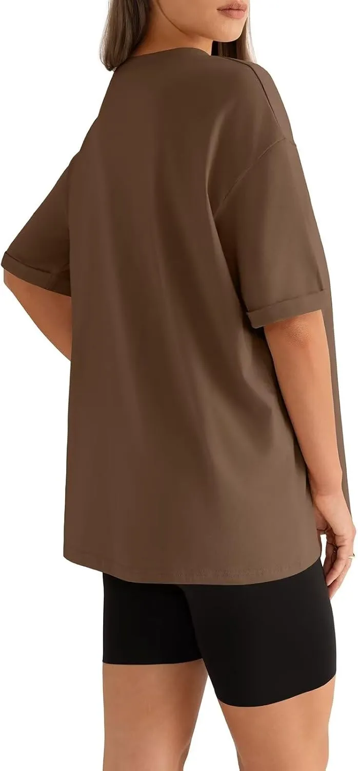 Womens Oversized T Shirts Loose Fit Crewneck Short Sleeve Tops Folded Sleeve Basic Tee 2025 Spring Summer Tops