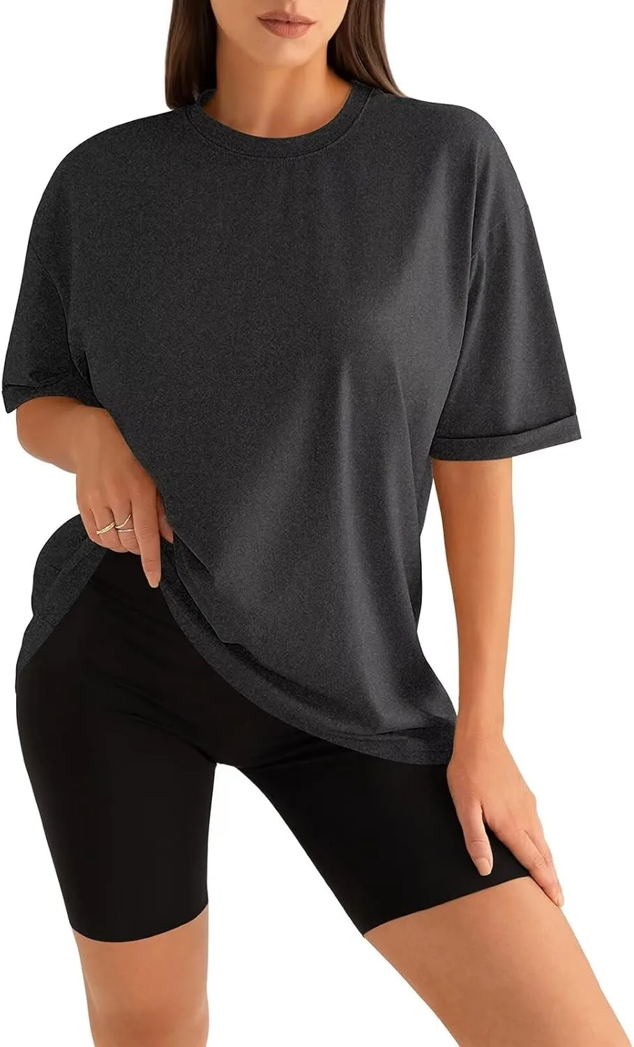 Womens Oversized T Shirts Loose Fit Crewneck Short Sleeve Tops Folded Sleeve Basic Tee 2025 Spring Summer Tops