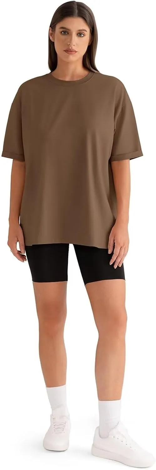 Womens Oversized T Shirts Loose Fit Crewneck Short Sleeve Tops Folded Sleeve Basic Tee 2025 Spring Summer Tops