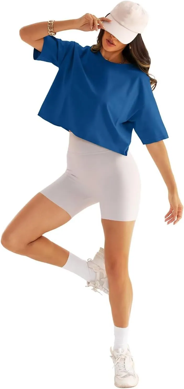 Womens Oversized Workout Crop Tops Cotton T Shirts Boxy Crewneck Loose Fit Short Sleeve Tee Summer Clothes 2025