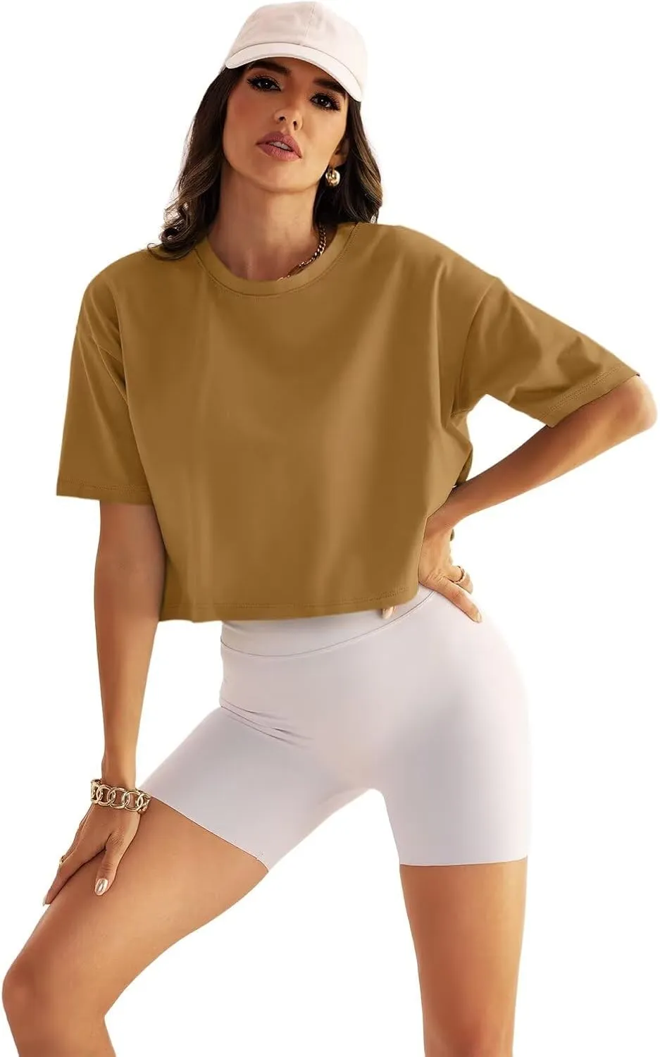 Womens Oversized Workout Crop Tops Cotton T Shirts Boxy Crewneck Loose Fit Short Sleeve Tee Summer Clothes 2025