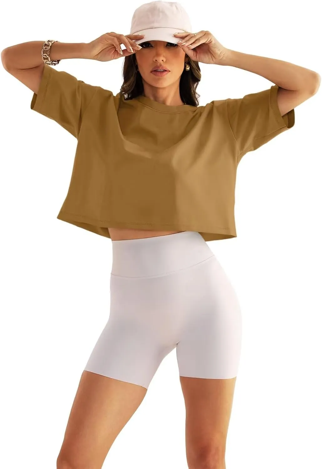 Womens Oversized Workout Crop Tops Cotton T Shirts Boxy Crewneck Loose Fit Short Sleeve Tee Summer Clothes 2025