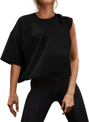 Womens Oversized Workout Crop Tops Cotton T Shirts Boxy Crewneck Loose Fit Short Sleeve Tee Summer Clothes 2025