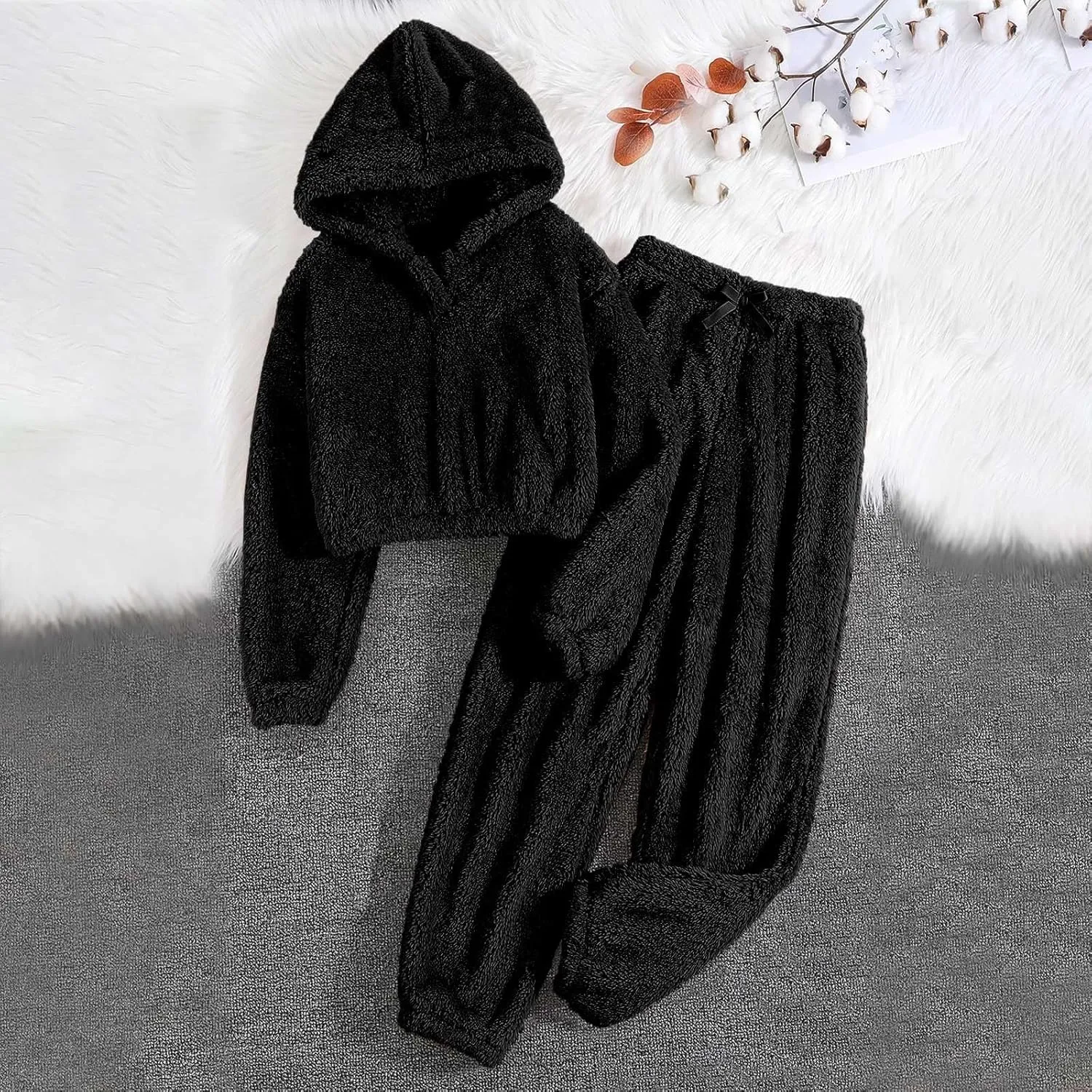 Women's Pajamas 2 Piece Lounge Sets Warm Fleece Hoodie Pullover Tops and Pajama Pants Fluffy Loungewear Sleepwear