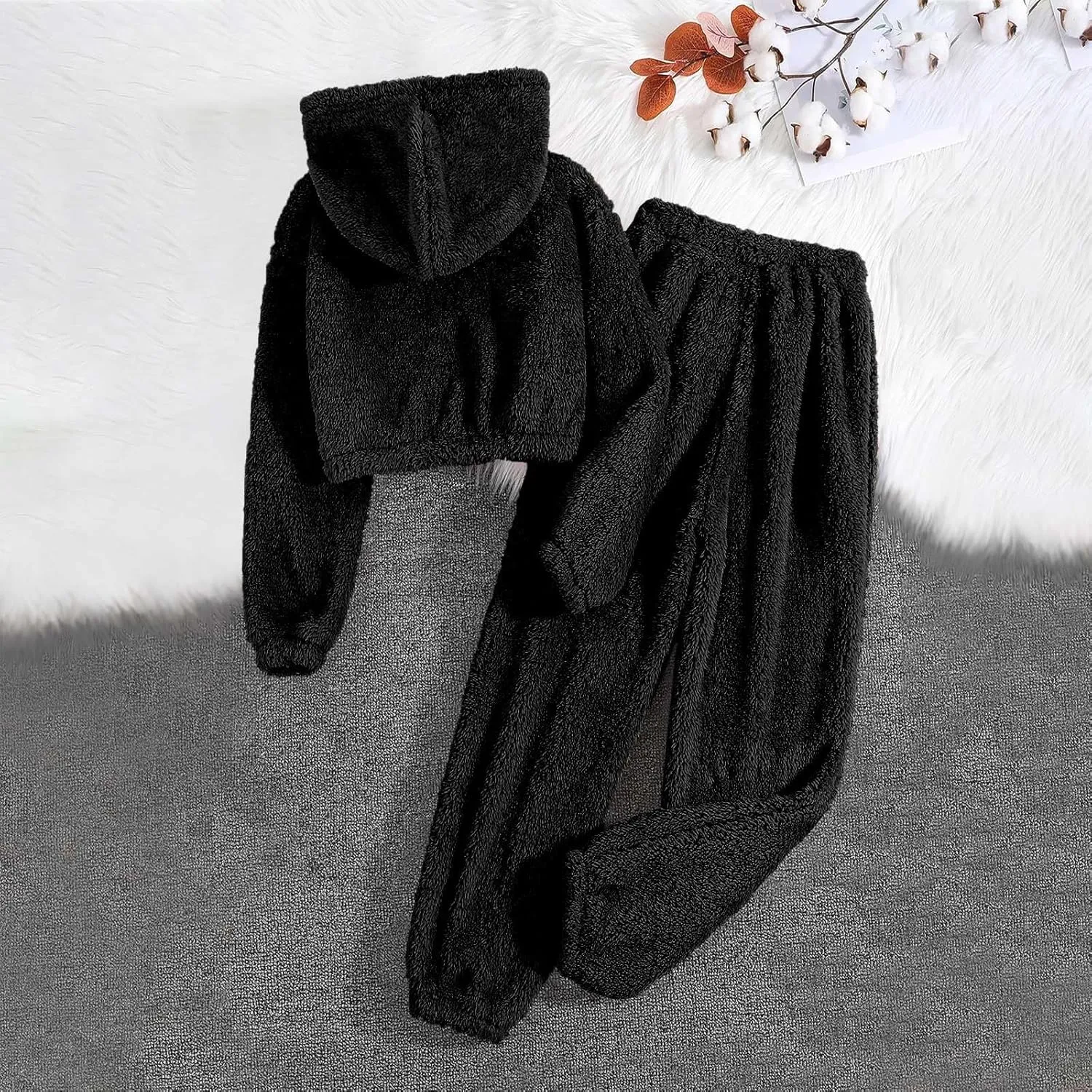 Women's Pajamas 2 Piece Lounge Sets Warm Fleece Hoodie Pullover Tops and Pajama Pants Fluffy Loungewear Sleepwear