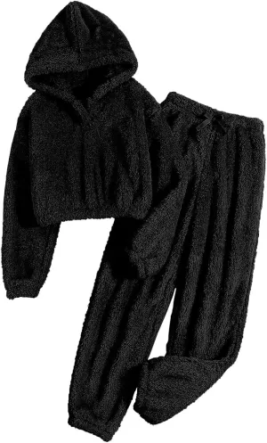 Women's Pajamas 2 Piece Lounge Sets Warm Fleece Hoodie Pullover Tops and Pajama Pants Fluffy Loungewear Sleepwear