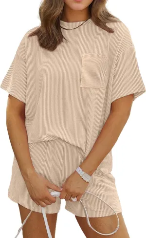 Womens Pajamas Set 2 Piece Outfits Lounge Sets Ribbed Pjs Short Sleeve Sleepwear Tops And Shorts Loungewear