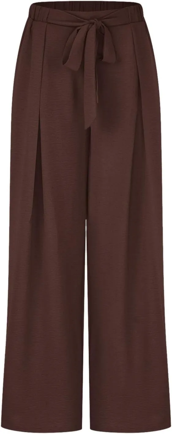 Women's Palazzo Pants Summer Stylish Casual High Waisted Cotton Linen Trousers Loose Pleated Wide Leg Paperbag Slacks