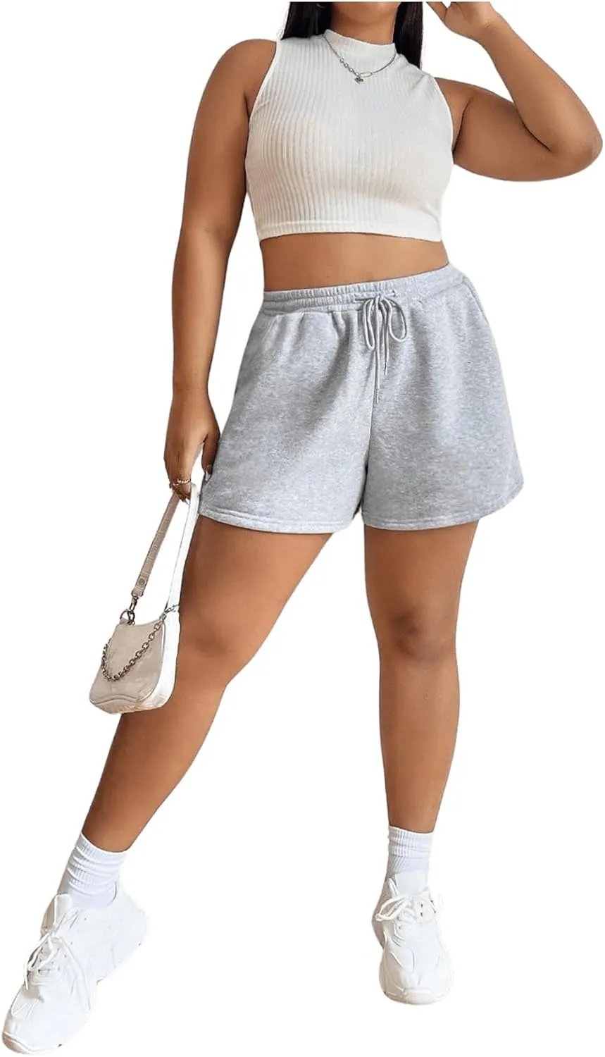 Women's Plus Size High Waisted Track Shorts Drawstring Sweat Jogger Shorts