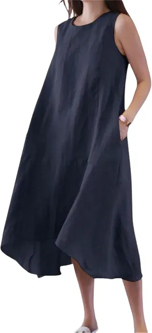 Womens Plus Size Linen Dresses Summer Lightweight Crew Neck Sleeveless Midi Dress Casual Loose Plain Beach Sundress