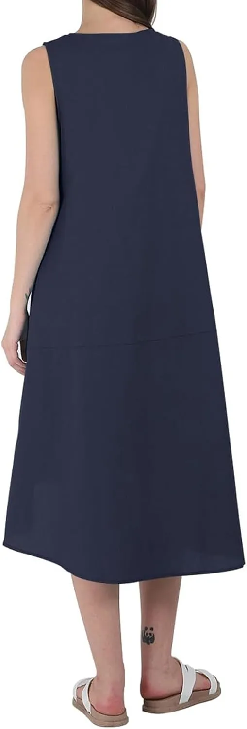 Womens Plus Size Linen Dresses Summer Lightweight Crew Neck Sleeveless Midi Dress Casual Loose Plain Beach Sundress