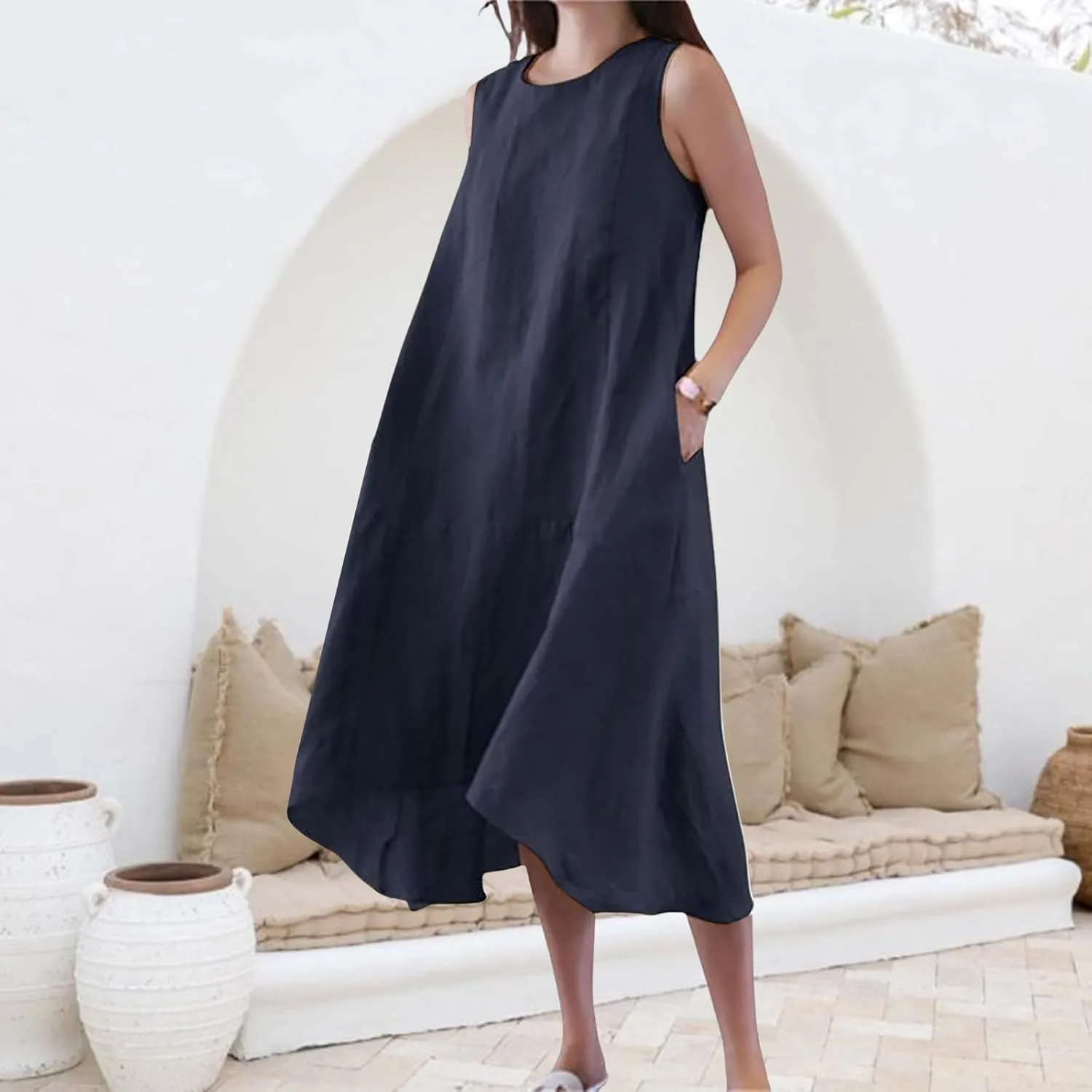 Womens Plus Size Linen Dresses Summer Lightweight Crew Neck Sleeveless Midi Dress Casual Loose Plain Beach Sundress