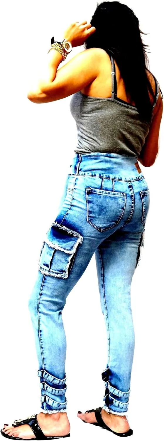 Womens Premium Cargo Paperbag Belt tie high Waisted Skinny Camoflage Jeans Pants