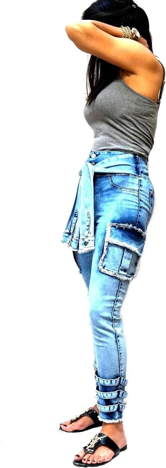 Womens Premium Cargo Paperbag Belt tie high Waisted Skinny Camoflage Jeans Pants