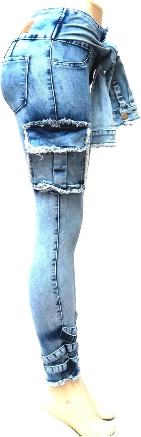 Womens Premium Cargo Paperbag Belt tie high Waisted Skinny Camoflage Jeans Pants
