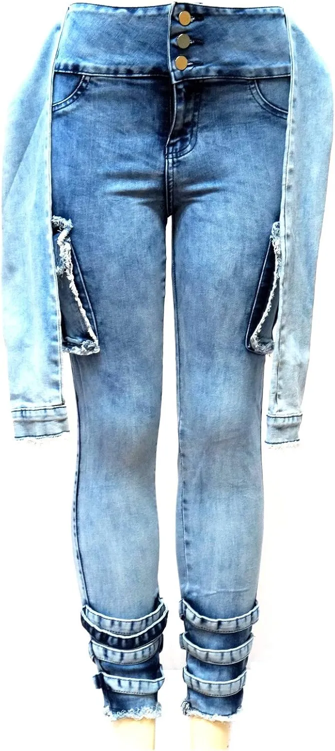 Womens Premium Cargo Paperbag Belt tie high Waisted Skinny Camoflage Jeans Pants
