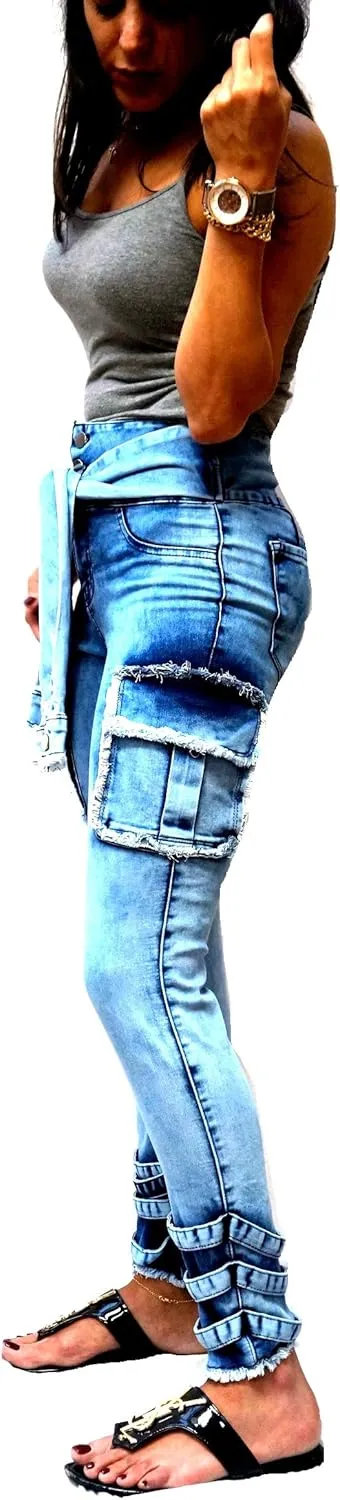 Womens Premium Cargo Paperbag Belt tie high Waisted Skinny Camoflage Jeans Pants