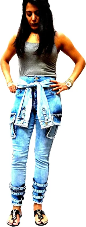 Womens Premium Cargo Paperbag Belt tie high Waisted Skinny Camoflage Jeans Pants