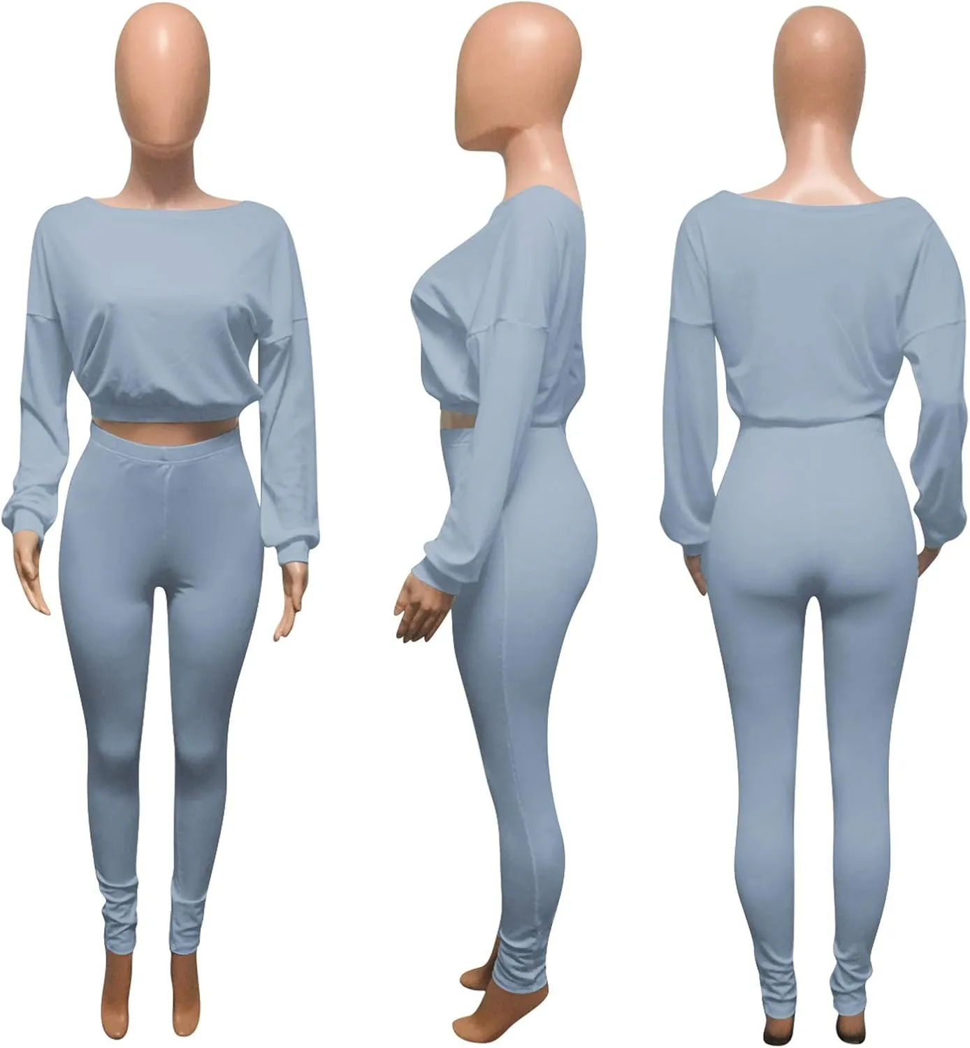 Womens Ribbed 2 Piece Outfits Long Sleeve Crop Top Pullover Skinny Long Pants Sweatsuits Set Tracksuit