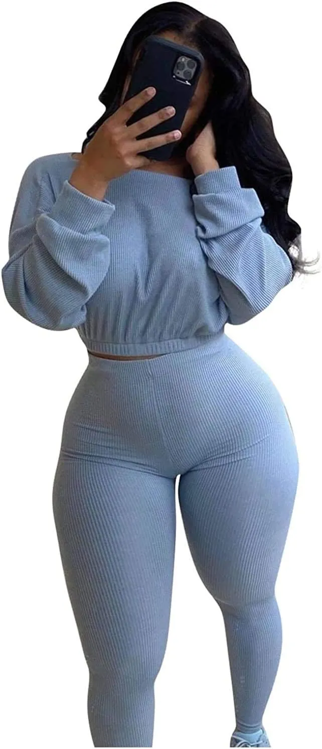Womens Ribbed 2 Piece Outfits Long Sleeve Crop Top Pullover Skinny Long Pants Sweatsuits Set Tracksuit
