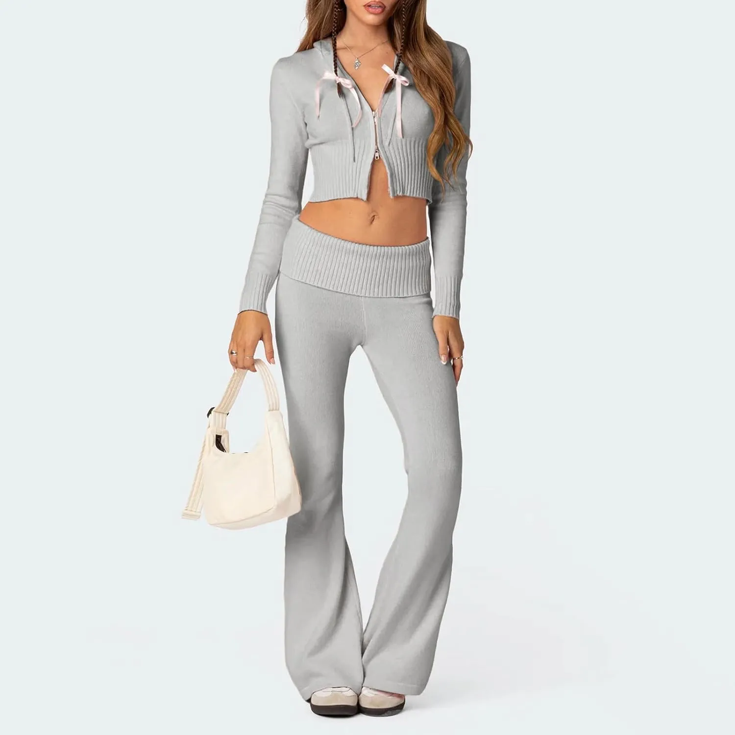 Women's Ribbed Knit 2Pcs Outfits Long Sleeve Zip Up Hooded Sweater Top Flare Skinny Pants Set Y2K Loungewear Set