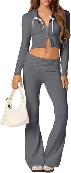 Women's Ribbed Knit 2Pcs Outfits Long Sleeve Zip Up Hooded Sweater Top Flare Skinny Pants Set Y2K Loungewear Set
