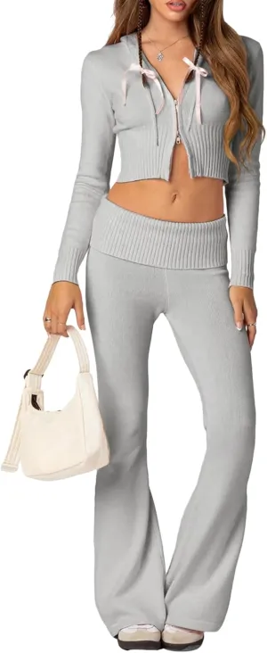 Women's Ribbed Knit 2Pcs Outfits Long Sleeve Zip Up Hooded Sweater Top Flare Skinny Pants Set Y2K Loungewear Set