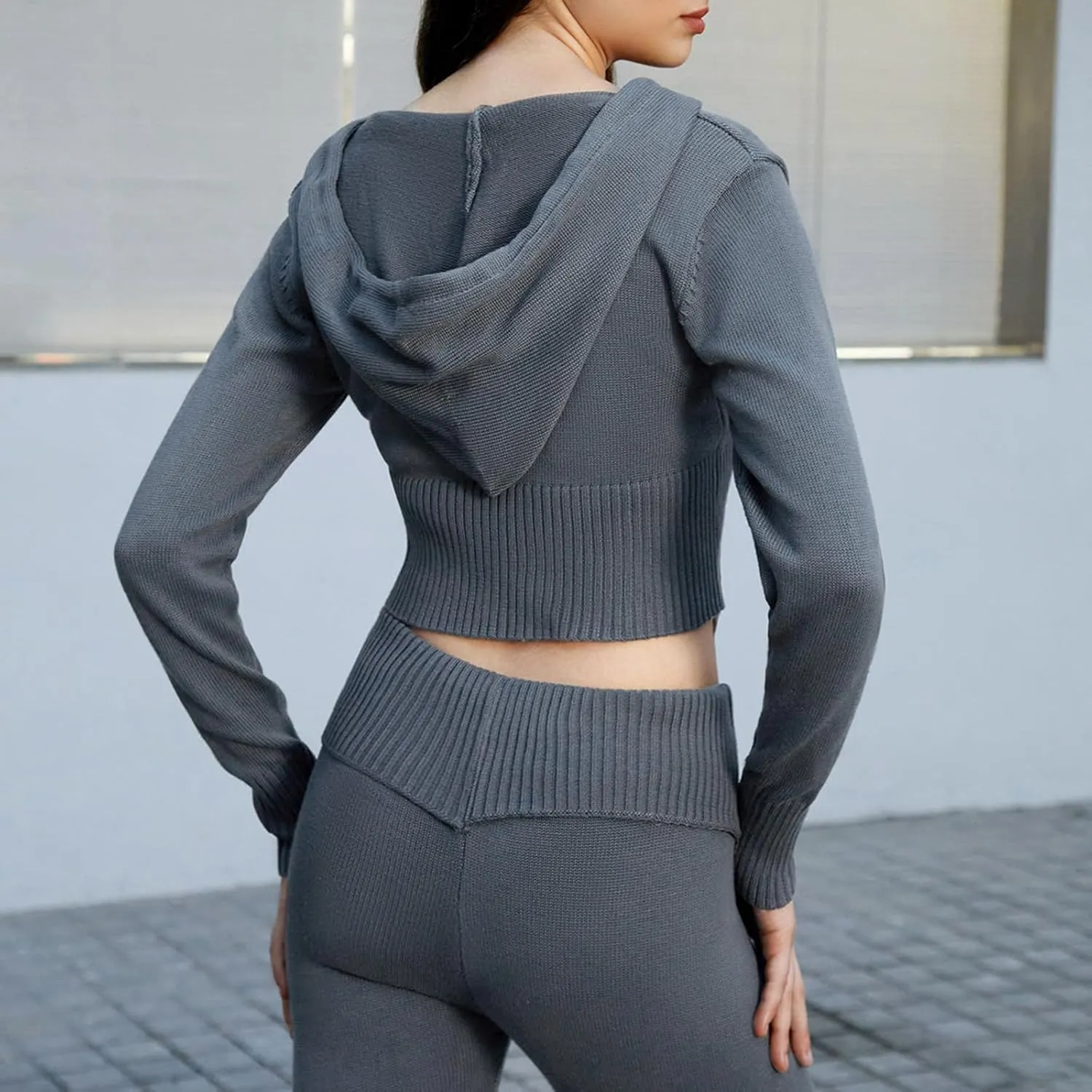Women's Ribbed Knit 2Pcs Outfits Long Sleeve Zip Up Hooded Sweater Top Flare Skinny Pants Set Y2K Loungewear Set