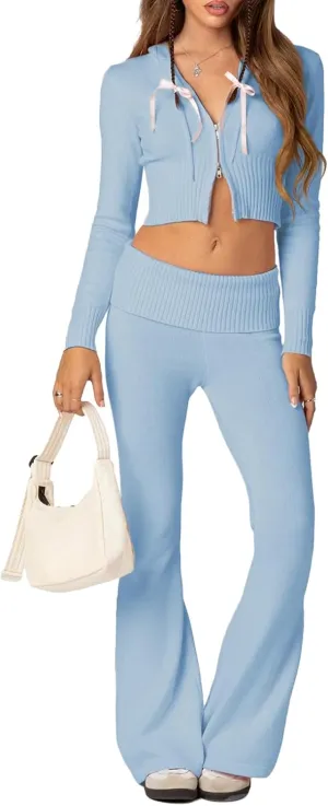 Women's Ribbed Knit 2Pcs Outfits Long Sleeve Zip Up Hooded Sweater Top Flare Skinny Pants Set Y2K Loungewear Set