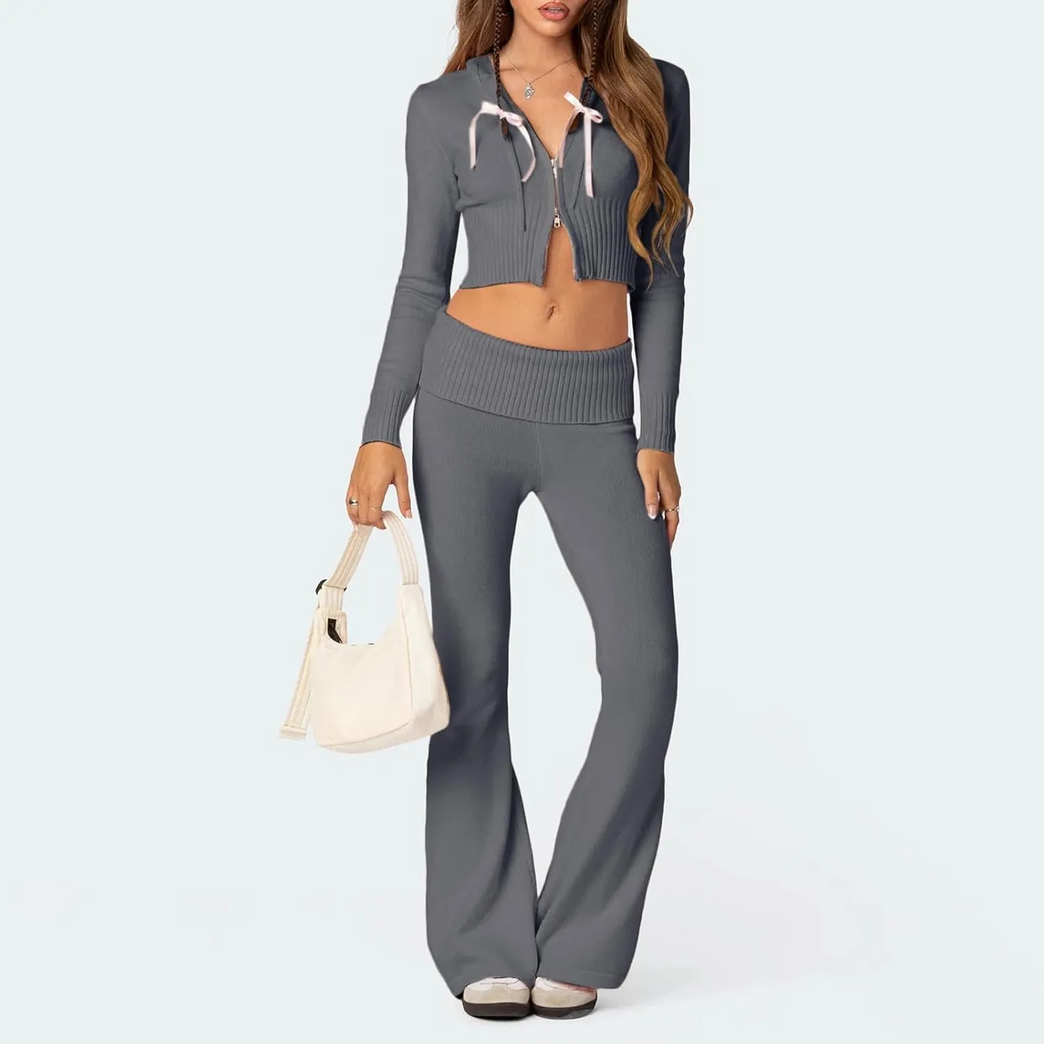 Women's Ribbed Knit 2Pcs Outfits Long Sleeve Zip Up Hooded Sweater Top Flare Skinny Pants Set Y2K Loungewear Set