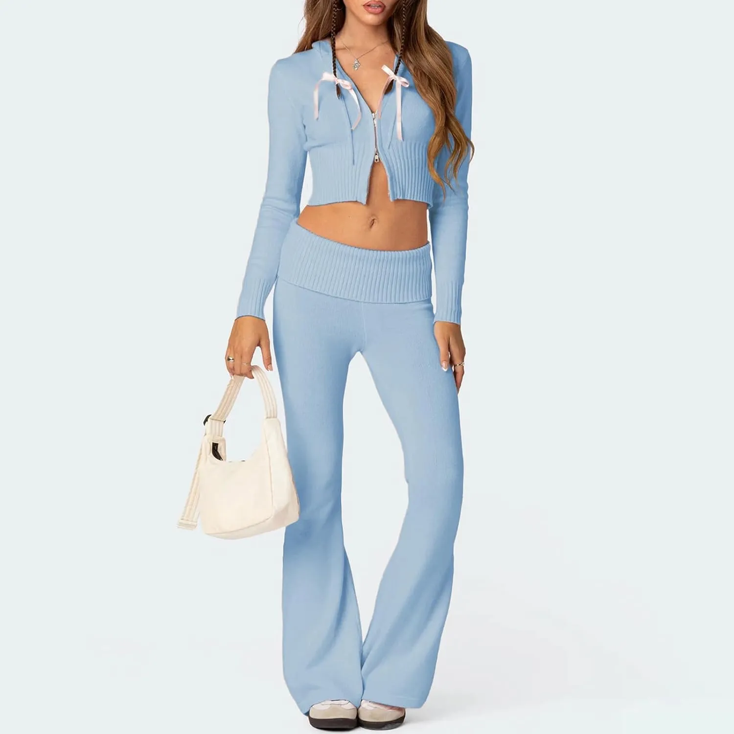 Women's Ribbed Knit 2Pcs Outfits Long Sleeve Zip Up Hooded Sweater Top Flare Skinny Pants Set Y2K Loungewear Set